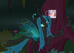 Size: 1295x938 | Tagged: safe, screencap, fluttershy, queen chrysalis, pony, g4, the mean 6, concave belly, cropped, cute, cutealis, female, lanky, lidded eyes, picture, skinny, solo, tall, thin, tree