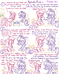 Size: 4779x6013 | Tagged: safe, artist:adorkabletwilightandfriends, roseluck, starlight glimmer, earth pony, pony, unicorn, comic:adorkable twilight and friends, g4, adorkable, adorkable friends, advice, awkward, butt nugget, comic, couch, cute, dating advice, dork, fake, finding love, food, friendship, happy, humor, love, pity, relationships, roseluck the shipper, sipping, sitting, tea, upset