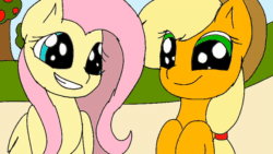 Size: 600x338 | Tagged: safe, artist:kate konfusa, applejack, fluttershy, earth pony, pegasus, pony, g4, animated, blinking, cute, duo, female, flipaclip, frame by frame, gif, grin, jackabetes, mare, shyabetes, smiling
