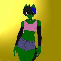 Size: 2000x2000 | Tagged: safe, artist:endelthepegasus, oc, oc only, oc:endel frostlion, anthro, anthro oc, belly button, choker, clothes, denim shorts, femboy, green fur, hazel eyes, high res, looking at you, male, multicolored mane, shirt, short shirt, shorts, simple background, solo, tank top, tomboy, yellow background