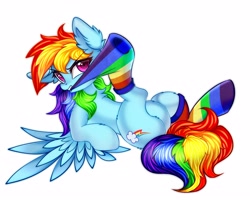 Size: 4096x3277 | Tagged: safe, artist:mite-lime, rainbow dash, pegasus, pony, g4, chest fluff, clothes, cute, dashabetes, female, high res, leg fluff, lying, mare, mouth hold, rainbow socks, simple background, socks, solo, striped socks, white background