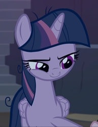 Size: 714x926 | Tagged: safe, screencap, mean twilight sparkle, pony, g4, the mean 6, cropped, female, looking down, smiling, solo