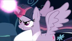 Size: 1667x939 | Tagged: safe, screencap, mean twilight sparkle, pony, g4, the mean 6, blast, cropped, evil smile, female, glowing horn, grin, horn, magic, magic blast, smiling, solo, spread wings, wings