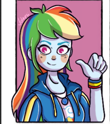 Size: 1080x1223 | Tagged: safe, alternate version, artist:volepsi, rainbow dash, equestria girls, g4, my little pony equestria girls: better together, blush sticker, blushing, bust, clothes, female, geode of super speed, magical geodes, signature, smiling, solo