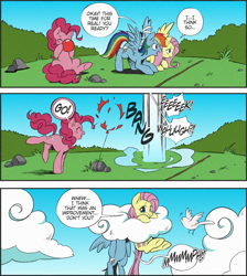 Size: 1326x1477 | Tagged: safe, artist:nekoshiei, color edit, edit, editor:anonycat, seven seas, fluttershy, pinkie pie, rainbow dash, bird, earth pony, pegasus, pony, g4, my little pony: the manga, my little pony: the manga volume 2, balloon, balloon popping, blowing up balloons, cloud, colored, cropped, female, mare, mean, party balloon, pin, popping, rock, scared, trio