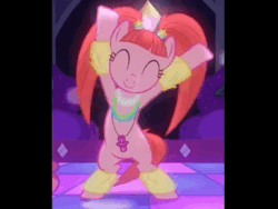 Size: 384x288 | Tagged: safe, edit, edited screencap, editor:vultraz, screencap, pacific glow, earth pony, pony, g4, the saddle row review, ^^, abba, animated, bipedal, c:, cropped, cute, dancing, dancing queen, eyes closed, female, mare, music, pink coat, smiling, solo, sound, webm