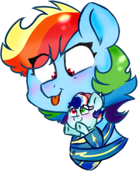 Size: 496x613 | Tagged: safe, artist:honneymoonmlp, rainbow dash, oc, oc:sonic rainbow, pegasus, pony, g4, baby, female, momma dash, moonverse, mother and child, mother and daughter, next generation, offspring, parent:rainbow dash, parent:soarin', parents:soarindash, simple background, white background