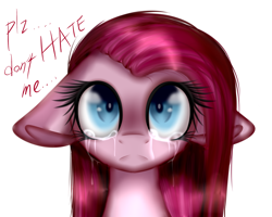 Size: 2500x2000 | Tagged: safe, artist:snowbunny0820, pinkie pie, earth pony, pony, g4, bust, crying, eyelashes, female, floppy ears, frown, high res, looking up, mare, pinkamena diane pie, sad, simple background, solo, talking, white background
