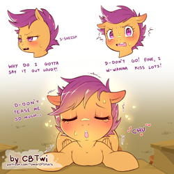 Size: 1200x1200 | Tagged: safe, artist:cold-blooded-twilight, scootaloo, pegasus, pony, g4, adorasexy, blank flank, blushing, classroom, close-up, comic, crying, cute, desk, dialogue, ear blush, eyes closed, facing you, female, filly, floppy ears, foal, implied kissing, kiss on the lips, kissing, leaning forward, puckered lips, sexy, solo, sparkles, surprised, sweat, tears of joy, tsundere