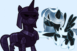 Size: 1613x1080 | Tagged: safe, artist:tangledheadphones, oc, oc only, oc:winter's night, bat pony, pony, bat pony oc, bat wings, blue background, commission, ethereal mane, eye scar, female, flying, helmet, hoof shoes, mare, raised hoof, scar, simple background, solo, starry mane, wings, ych result