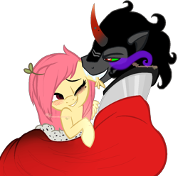 Size: 1000x990 | Tagged: safe, artist:skulifuck, king sombra, oc, oc:shy sprout, pegasus, pony, unicorn, g4, base used, canon x oc, cloak, clothes, curved horn, ear fluff, fangs, female, horn, makeup, male, mare, one eye closed, pegasus oc, red eyes, simple background, snuggling, sombra eyes, stallion, transparent background, wings, wink