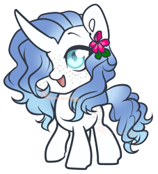 Size: 825x909 | Tagged: safe, artist:skulifuck, oc, oc only, pony, unicorn, flower, flower in hair, freckles, hair over one eye, horn, open mouth, raised hoof, simple background, smiling, solo, transparent background, unicorn oc