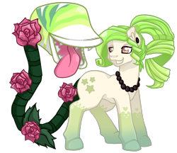 Size: 2376x2052 | Tagged: safe, artist:pandamak, oc, oc only, monster pony, original species, piranha plant pony, plant pony, augmented tail, colored hooves, ear fluff, ear piercing, flower, grin, high res, jewelry, necklace, open mouth, pearl necklace, piercing, plant, rose, sharp teeth, simple background, smiling, teeth, tongue out, transparent background