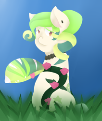 Size: 1162x1373 | Tagged: safe, artist:pandy101, oc, oc only, monster pony, original species, piranha plant pony, plant pony, augmented tail, ear piercing, fangs, female, grass, jewelry, necklace, pearl necklace, piercing, plant, sitting, tongue out