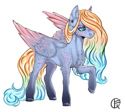 Size: 1170x1049 | Tagged: safe, artist:liamruko, oc, oc only, unnamed oc, pegasus, pony, chest fluff, colored wings, ear fluff, ear piercing, earring, eyeshadow, female, frown, jewelry, makeup, mare, multicolored hair, piercing, raised hoof, signature, simple background, solo, spread wings, white background, wings