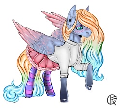 Size: 1170x1049 | Tagged: safe, alternate version, artist:liamruko, oc, oc only, unnamed oc, pegasus, pony, blouse, chest fluff, clothes, colored wings, ear fluff, ear piercing, earring, eyeshadow, female, frown, jewelry, makeup, mare, multicolored hair, piercing, raised hoof, signature, simple background, skirt, socks, solo, spread wings, stockings, striped socks, thigh highs, white background, wings