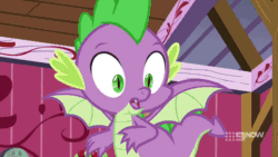 Size: 1280x720 | Tagged: safe, screencap, spike, starlight glimmer, bird, chicken, dragon, pony, unicorn, g4, harvesting memories, my little pony: friendship is forever, animated, gif, glowing eyes, hug, winged spike, wings