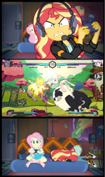 Size: 576x972 | Tagged: safe, edit, edited screencap, screencap, fluttershy, sunset shimmer, them's fightin' herds, equestria girls, g4, community related, sunset shimmer frustrated at game, sunset's apartment