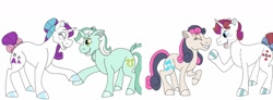 Size: 1280x470 | Tagged: source needed, useless source url, safe, artist:furthehorde, bon bon, glory, lyra heartstrings, moondancer, moondancer (g1), sweetie drops, earth pony, pony, unicorn, g1, g4, accessory, bow, elderly, eyes closed, female, hair bun, lesbian, married couple, older, ship:glorydancer, ship:lyrabon, shipping, simple background, smiling, two toned mane, two toned tail