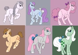 Size: 1280x913 | Tagged: safe, artist:furthehorde, blossom, blue belle, butterscotch (g1), cotton candy (g1), minty (g1), snuzzle, earth pony, pony, g1, accessory, blue eyes, bow, braid, eyelashes, female, long mane, long tail, original six, purple eyes, simple background, smiling