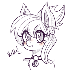 Size: 1377x1377 | Tagged: source needed, safe, artist:lkkkr, oc, oc only, unnamed oc, bat pony, pony, bat pony oc, bat wings, blushing, bust, choker, dialogue, ear fluff, fangs, female, looking at you, no pupils, partial color, pentagram, simple background, smiling, solo, white background, wings