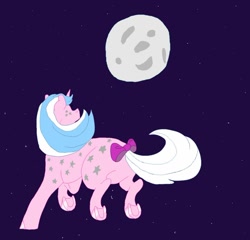 Size: 1280x1231 | Tagged: safe, artist:furthehorde, milky way, pony, unicorn, g1, accessory, blue hair, bow, colored, female, flat colors, flying, moon, night, no eyes, solo, space, stars, two toned mane, white hair