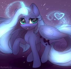 Size: 2100x2047 | Tagged: safe, artist:radioaxi, princess luna, alicorn, pony, g4, dreamworks face, female, glowing horn, heart, heart eyes, high res, horn, looking at you, magic, mare, raised hoof, s1 luna, smiling, solo, wingding eyes