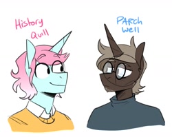Size: 1034x821 | Tagged: safe, artist:redxbacon, oc, oc only, oc:history quill, oc:parch well, unicorn, anthro, rule 63