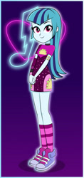 Size: 2613x5536 | Tagged: safe, artist:diilaycc, sonata dusk, equestria girls, equestria girls series, find the magic, g4, spoiler:eqg series (season 2), alternate hairstyle, armlet, clothes, converse, cutie mark background, dress, female, food, jewelry, long hair, minidress, music notes, shoes, sneakers, socks, solo, taco dress