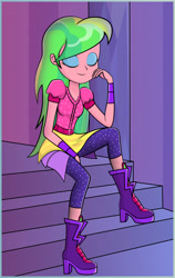 Size: 3040x4819 | Tagged: safe, artist:diilaycc, lemon zest, equestria girls, equestria girls specials, g4, my little pony equestria girls: dance magic, boots, clothes, eyes closed, female, high heel boots, shadowbolts, shoes, smiling, solo, stairs, zest best dress