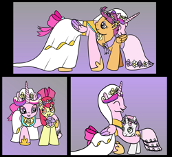 Size: 2048x1880 | Tagged: safe, artist:platinumdrop, apple bloom, princess cadance, scootaloo, sweetie belle, alicorn, earth pony, pegasus, pony, unicorn, g4, bride, clothes, dress, female, filly, flower filly, flower girl, flower girl dress, hug, mare, marriage, request, wedding, wedding dress