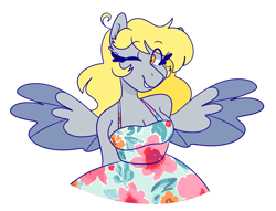 Size: 1280x977 | Tagged: safe, artist:cubbybatdoodles, derpy hooves, pegasus, anthro, g4, clothes, dress, female, one eye closed, simple background, smiling, solo, sundress, white background, wings