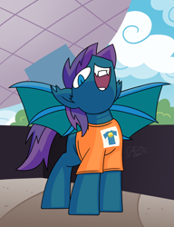 Size: 3000x3900 | Tagged: safe, artist:coaldustthestrange, oc, oc only, oc:stardust, bat pony, bat pony oc, bat wings, be a buddy not a bully shirt shirt, clothes, epcot, high res, nose in the air, shirt, wings