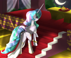 Size: 3570x2905 | Tagged: safe, artist:darksly, princess celestia, alicorn, pony, g4, bracelet, clothes, crescent moon, crown, dress, female, high res, jewelry, majestic, mare, moon, queen celestia, rear view, regalia, solo