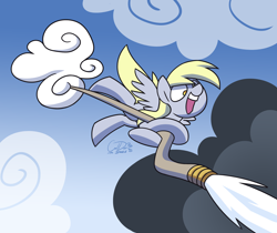 Size: 3000x2517 | Tagged: safe, artist:coaldustthestrange, derpy hooves, pegasus, pony, g4, cloud, female, fire hose, flying, high res, implied fire, mare, no pupils, open mouth, sky, smoke, solo