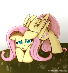 Size: 2100x2250 | Tagged: safe, artist:pandoraqueens, fluttershy, pegasus, pony, g4, cheek fluff, colored pupils, cute, cutie mark eyes, ear fluff, face down ass up, female, floppy ears, high res, leg fluff, looking at you, open mouth, shyabetes, solo, wingding eyes