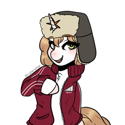Size: 3000x3000 | Tagged: safe, artist:cyberafter, oc, oc only, oc:emy, earth pony, pony, adidas, clothes, cyrillic, hat, high res, jacket, russian, simple background, solo, transparent background, ushanka