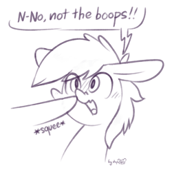 Size: 1024x1024 | Tagged: safe, artist:dsp2003, oc, oc:chillycube, pony, bipedal, blushing, boop, bust, chibi, comic, floppy ears, male, monochrome, non-consensual booping, open mouth, portrait, scrunchy face, signature, simple background, single panel, sketch, squee, startled, white background