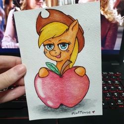 Size: 1080x1080 | Tagged: safe, artist:mintmouse0_o, applejack, earth pony, pony, g4, apple, computer, cowboy hat, eyelashes, female, food, freckles, hat, irl, mare, micro, open mouth, photo, smiling, traditional art, watercolor painting