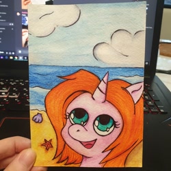 Size: 1080x1080 | Tagged: safe, artist:mintmouse0_o, oc, oc only, pony, starfish, unicorn, :d, beach, bust, cloud, computer, discord (program), horn, irl, looking up, photo, seashell, smiling, solo, traditional art, unicorn oc