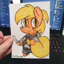 Size: 1080x1080 | Tagged: safe, artist:mintmouse0_o, applejack, earth pony, anthro, unguligrade anthro, g4, chibi, clothes, computer, discord (program), female, freckles, geralt of rivia, irl, missing accessory, photo, sack, slit pupils, smiling, sword, traditional art, weapon