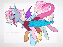 Size: 2048x1536 | Tagged: safe, artist:incendiarymoth, discord, pinkie pie, rainbow dash, draconequus, g4, eyes closed, female, fusion, fusion:discord, fusion:pinkie pie, fusion:rainbow dash, multiple wings, open mouth, six legs, solo, tongue out, wings