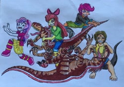 Size: 2615x1845 | Tagged: safe, artist:bozzerkazooers, apple bloom, scootaloo, sweetie belle, oc, oc:nara, dinosaur, velociraptor, equestria girls, g4, apple bloom's bow, boots, bow, clothes, commission, cutie mark crusaders, face paint, fanfic, fanfic character, fight, fleeing, hair bow, hoodie, jacket, jeans, martial arts, pants, request, running, scared, shirt, shoes, shorts, simple background, skirt, smiling, traditional art, white background