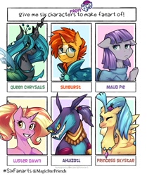 Size: 1005x1200 | Tagged: safe, artist:magicstarfriends, ahuizotl, boulder (g4), luster dawn, maud pie, princess skystar, queen chrysalis, sunburst, changeling, changeling queen, classical hippogriff, earth pony, hippogriff, pony, unicorn, g4, my little pony: the movie, bust, clothes, female, glasses, grin, jewelry, male, mare, necklace, one eye closed, raised hoof, six fanarts, smiling, stallion, wink