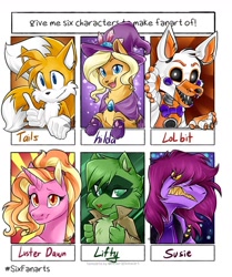 Size: 1080x1290 | Tagged: safe, artist:sapphirescarletta, luster dawn, cat, fox, pony, unicorn, anthro, g4, animatronic, anthro with ponies, bust, castle cats, crossover, deltarune, female, five nights at freddy's, happy tree friends, hat, hilda (castle cats), lifty, lolbit, male, mare, miles "tails" prower, milestone, six fanarts, smiling, sonic the hedgehog (series), susie (deltarune)