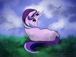 Size: 1600x1200 | Tagged: safe, artist:shadowow11, starlight glimmer, pony, unicorn, g4, female, grass, looking at you, looking back, lying down, smiling, solo