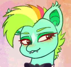 Size: 1196x1128 | Tagged: safe, artist:klooda, oc, oc only, oc:kokomo, bat pony, pony, animated, blushing, bowtie, bust, commission, cute, cute little fangs, fangs, frame by frame, gif, one eye closed, open mouth, portrait, simple background, smiling, solo, wink, winking at you, ych result