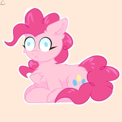 Size: 1500x1500 | Tagged: safe, artist:glazirka, pinkie pie, earth pony, pony, g4, :<, blank stare, chest fluff, derp, ear fluff, female, frown, lying down, mare, no pupils, pink background, ponyloaf, prone, simple background, solo