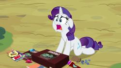 Size: 1920x1080 | Tagged: safe, screencap, rarity, pony, dragon dropped, g4, comic book, dice, dungeons and dragons, female, gem, kneeling, ogres and oubliettes, solo