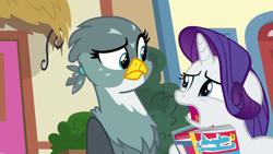 Size: 1920x1080 | Tagged: safe, screencap, gabby, rarity, griffon, pony, unicorn, dragon dropped, g4, comic, comic book, confused, drama queen, female, floppy ears, frown, looking at each other, mare, raised eyebrow